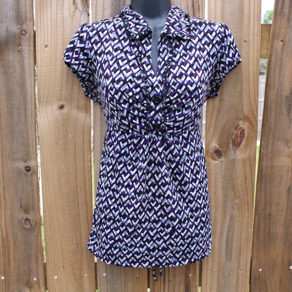Speechless Purple Geometric Print Tunic Top‎ Size L Ruched Button Front